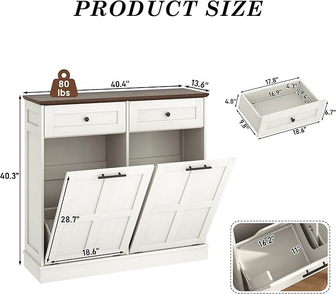 Double Trash Can Cabinet, 26 Gallons Farmhouse Hidden Wood Garbage Can Bin Cabinet with Drawers, Tilt Out Laundry Hamper with Laundry Storage Basket for Bathroom, Kitchen, Antique White
