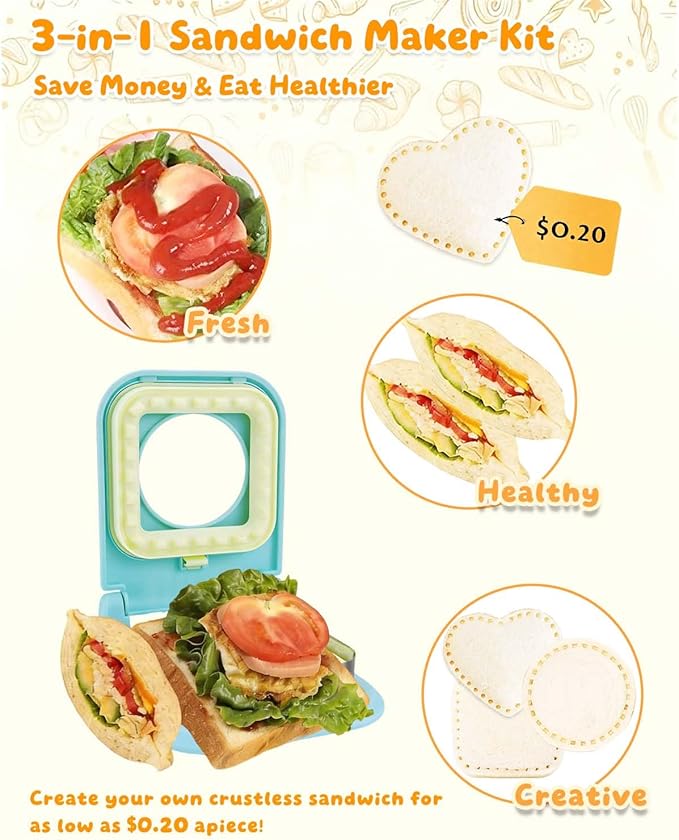 3-in-1 Uncrustable Sandwich Maker - Heart/Round/Square Crustless Sandwich Cutter & Sealer for Kids' Lunch, Breakfast & Lunchboxes | BPA-Free Uncrustable Press,Easy Clean (3-Shape Light Blue)