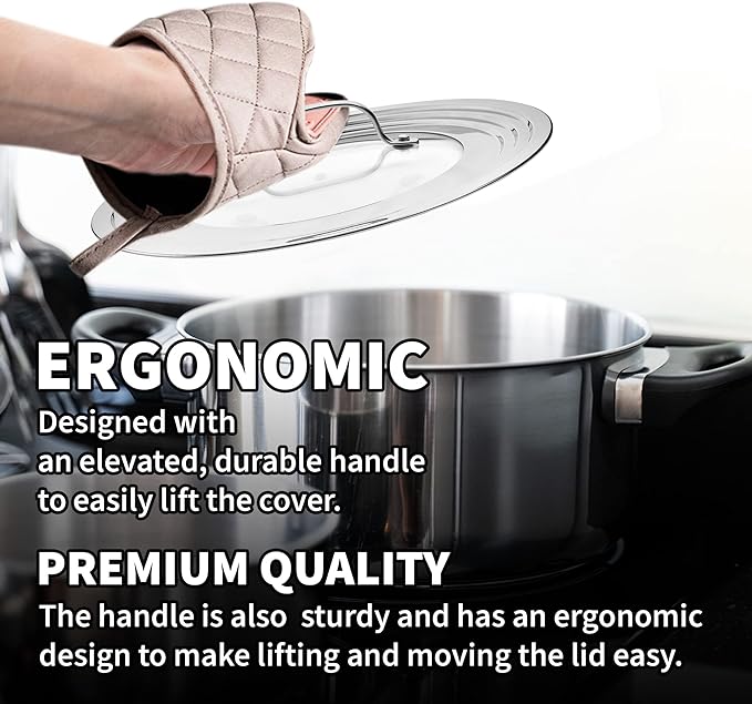 Large Universal Lid,Fits 8 -12 Inch Cookware,Tempered Glass Top with Steam Vent for Pots, Frying Pan,Stainless Steel Replacement Pot Lid for Kitchen Organizing, Space Saving