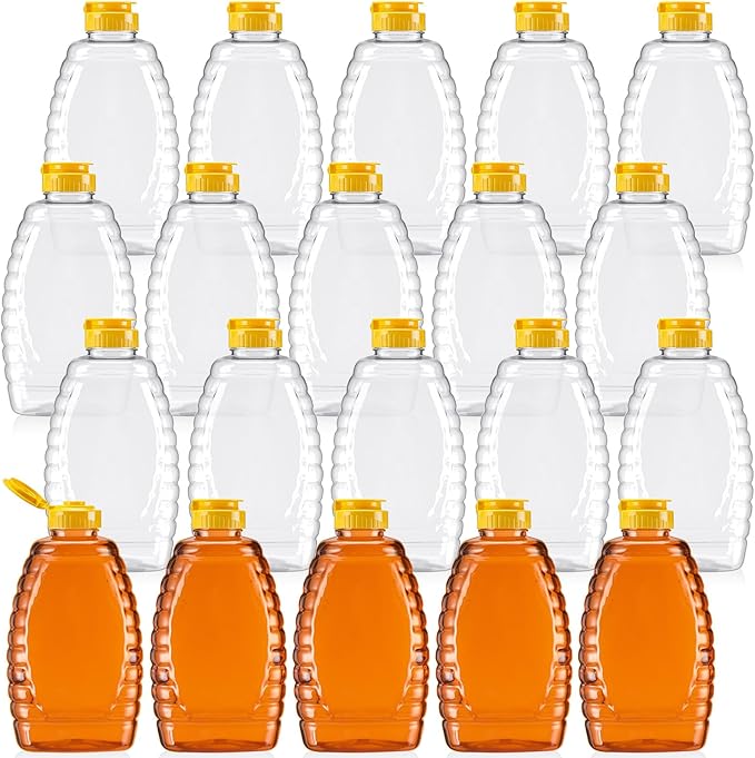 Layhit 20 Pieces 32 oz Plastic Honey Jars Clear Plastic Honey Bottles with Lids Container Dispenser with Flip Lid Empty Squeeze Bottle for Easy Storing and Dispensing(Classic)