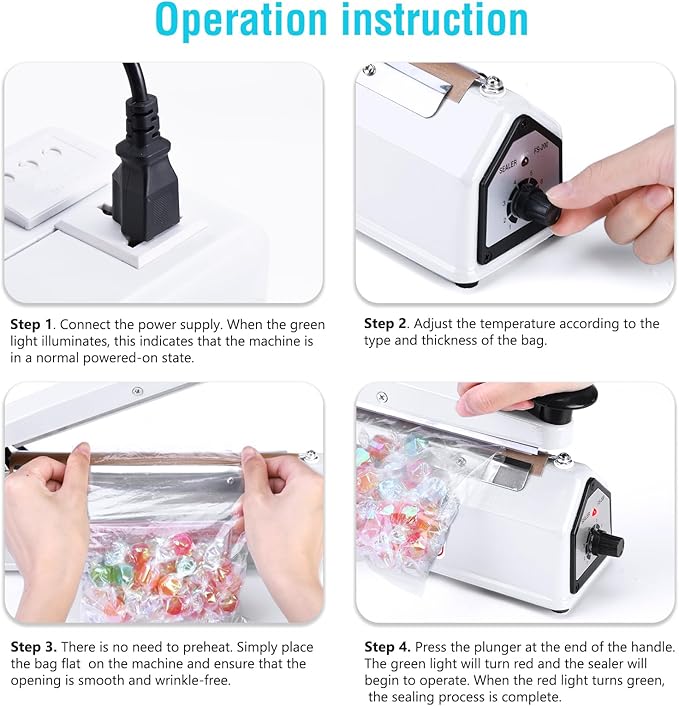 METRONIC Impulse Sealer 8 inch, Manual Heat Sealer Machine for Plastic Bags, Shrink Wrap Bag Sealers Heavy Duty Sealing Machine With Repair Kit (White)