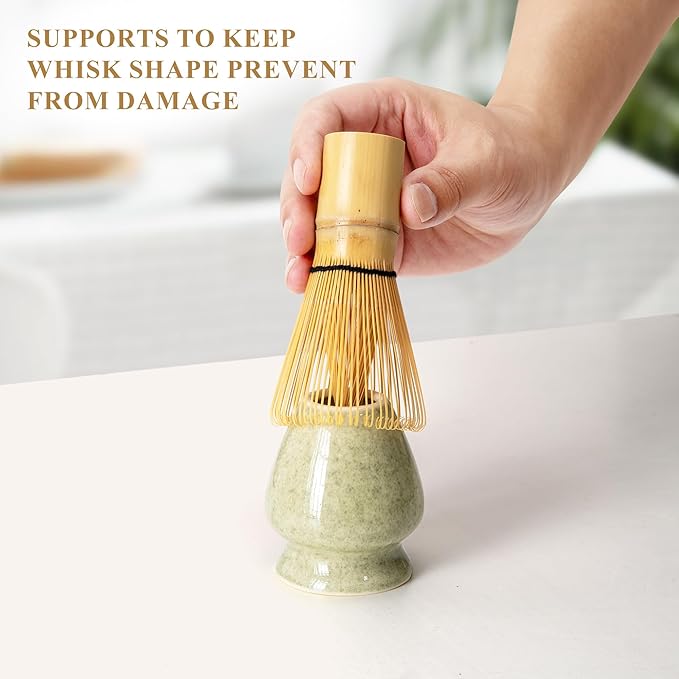 Matcha Whisk Set, Matcha Making Kit Whisk (Chasen Holder), Ceramic Whisk Holder (Mottled Green), Bamboo Scoop, Powder Starter Sifter, Spoon Japanese Tea Tools For Ceremony Gift
