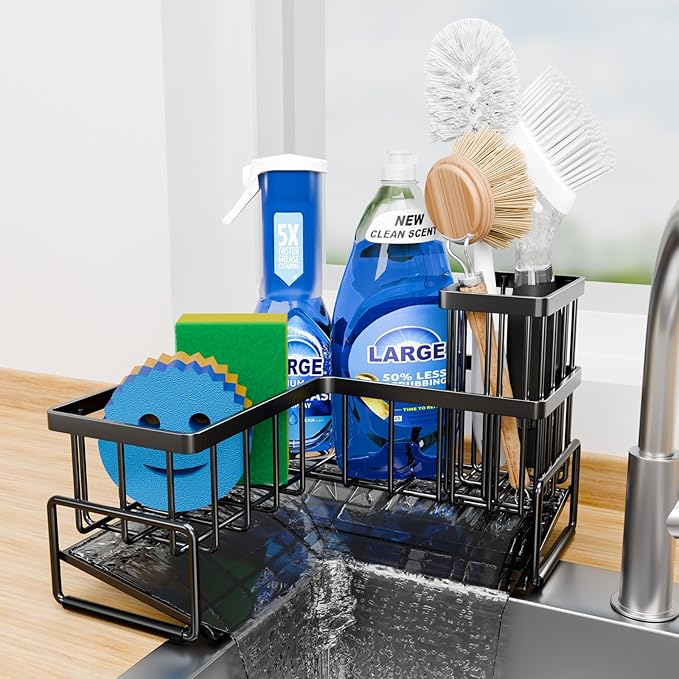 Large Sponge Holder for Kitchen Sink, 90-Degree Sink Caddy Organizer with Dish Brush Holder for Countertop Corner Storage Rack, Metal L-Shaped Kitchen Sink Sponge Soap Organizer Storage Ideas