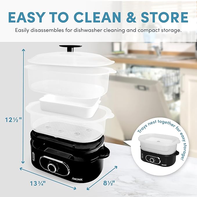 AROMA® Double Food Steamer Basket and Electric Rice Steamer with Easy-Read Water Level and Timer