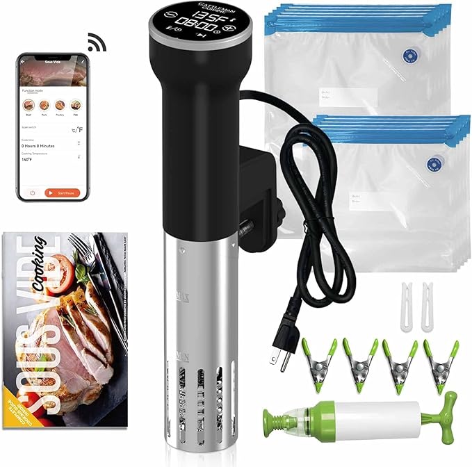 CATTLEMAN Sous Vide Machine Wi-Fi, 1000W, IPX7 Waterproof, Sous Vide Cooker, Immersion Circulator, Suvee Cooker Kit with 30 Vacuum Bags, Vacuum Pump, Cookbook, Accurate Temperature&Timer
