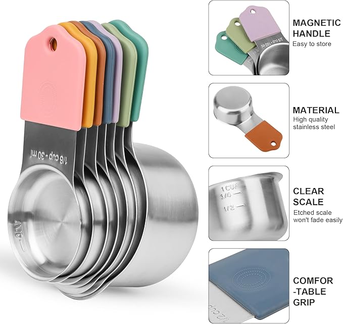 Magnetic Measuring Cups & Spoons Set 14, Heavy Duty Stainless Steel Measuring Cups and Spoons Set for Baking & Cooking, BPA Free, Round Measuring Set with Leveler, Color