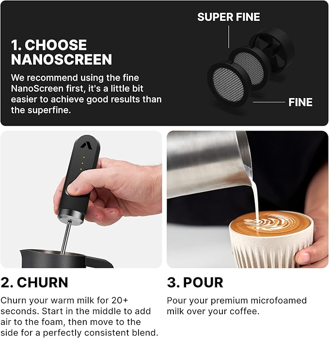 Subminimal Performance Milk Foamer - NanoFoamer Lithium Handheld Frother - Rechargeable, Dual-Speed - Microfoamed Milk in 30sec, Barista-Style Coffee Drinks at Home - White Special Edition