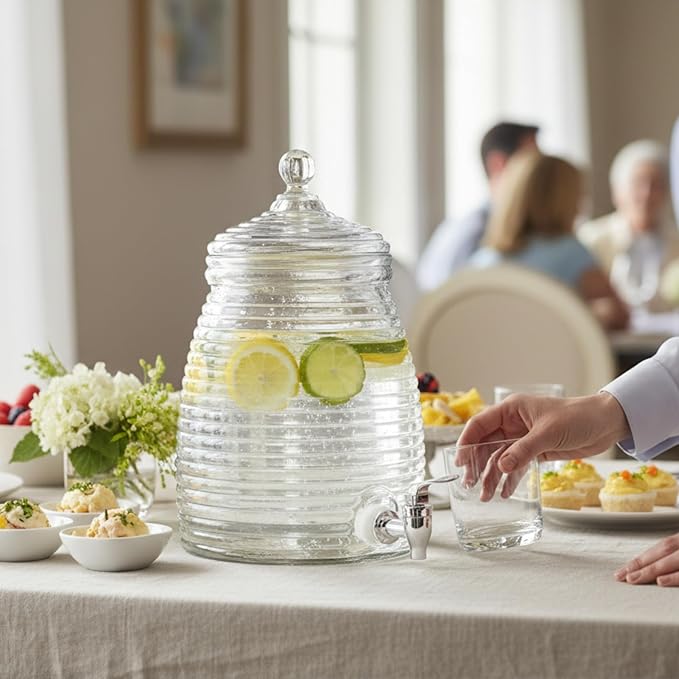 1.3 Gallon Glass Beehive Beverage Dispenser with Spigot- Drink Dispenser for Parties, Weddings and Showers- Mason Jar Style Glass Drink Container with Lid for Tea, Lemonade, and Infused Water