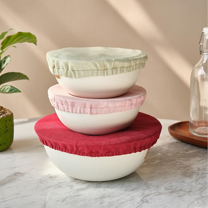 100% Pure Linen Bowl Covers For Bread Proofing, 4 Pcs Elastic Reusable Solid Color Cloth Fabric Bowl Covers,XL Organic Washable Large Stretch Sourdough Lids 6 * 8 * 10 * 12 Inches, Red