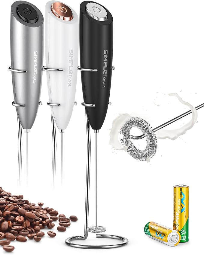 SIMPLETASTE Milk Frother Handheld Electric Foam Maker, Drink Mixer with Stainless Steel Whisk for Cappuccino, Bulletproof Coffee, Latte, Black, with Stand, Battery Operated