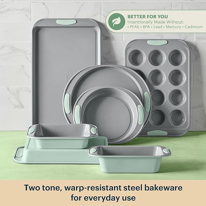 Pyrex (8-Piece) Metal Bakeware Set, Lightweight Stainless Steel Baking Trays with Heatsafe Silicone Handles, Cookie & Muffin Sheets, Round/Square Baking Pans, Sage