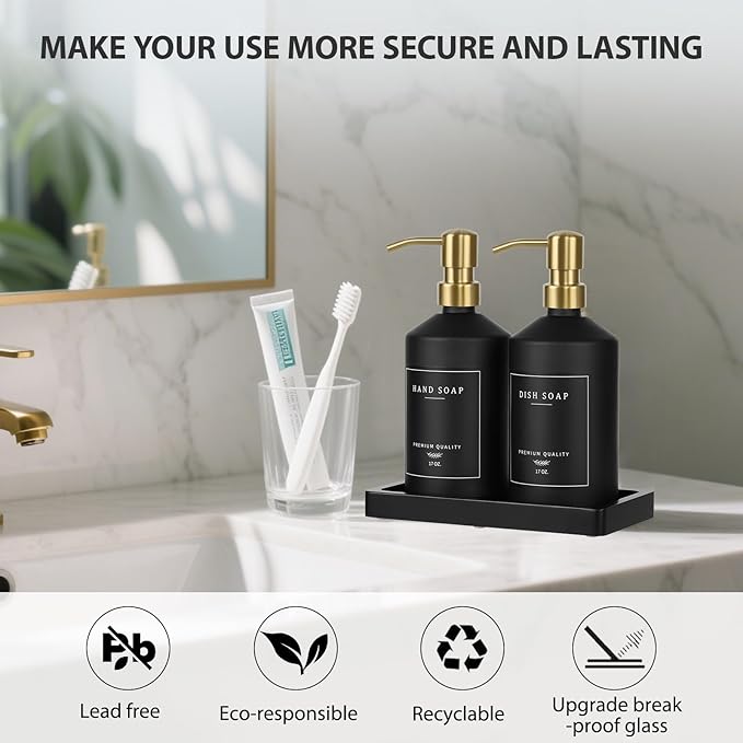 Black Glass Kitchen Hand and Dish Soap Dispenser Set, Bathroom Soap Dispenser Set with Tray and Stainless Steel Pump, Gold Kitchen Accessories (Black Bottle/Gold Pump)