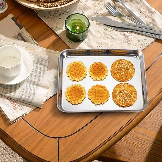 Baking Sheets 2 Pieces, Bastwe Stainless Steel Baking Pan Tray Cookie Sheet, Rectangle Size 9 X 7 X 1 inch, Healthy & Non Toxic, Rust Free & Mirror Finish, Easy Clean & Dishwasher Safe