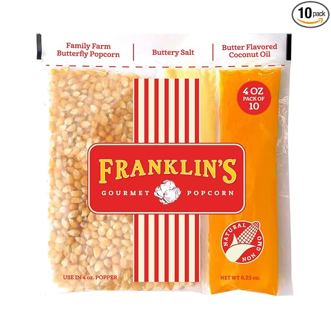 Franklin’s Gourmet Popcorn All-In-One Popcorn Packs for Popcorn Machine - 4oz Pack of 10 - Made in USA - Packs of Corn Kernels with Buttery Salt & Oil