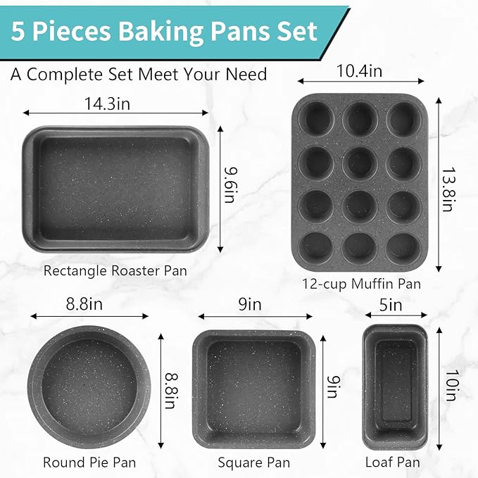 Baking Pans Set, 5 Piece Grey Marble Nonstick Bakeware with 100 Cupcake Liners – Stackable Carbon Steel Set for Small Kitchens, Apartments, Home Baking and Gifts