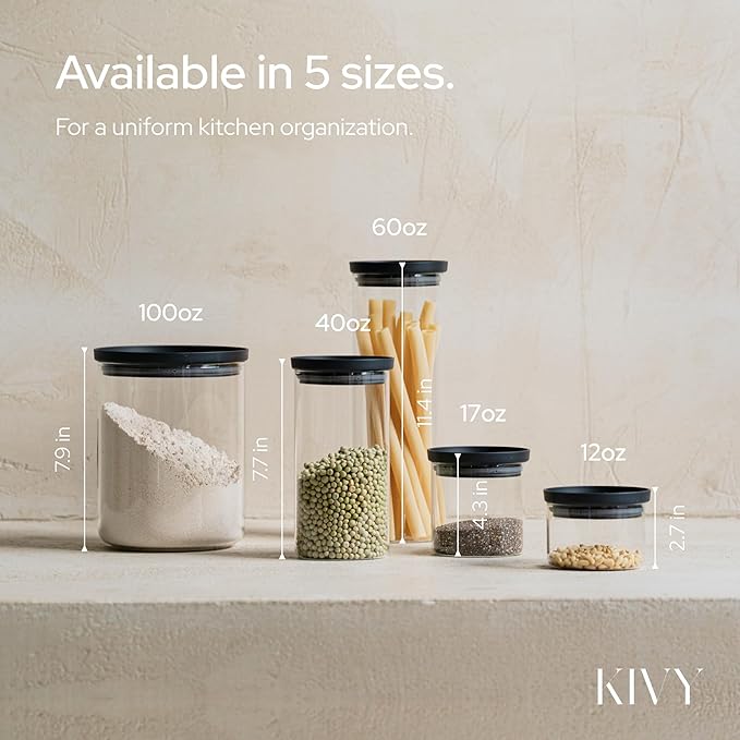 KIVY Glass spice jars transparent Glass Lid [6x 12oz] Stackable & Airtight small glass jars - Spice containers - Seasoning jars tea - Spice storage containers - Spice jars with black lids & labels