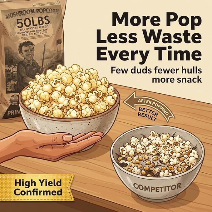Princeton Popcorn Mushroom Popcorn Kernels Extra Large - Easy-Eating, Farmer Direct Non-GMO Gluten Free Bulk Popping Corn, Popcorn Kernels for Oil Pop or Hot Air Popper or Stovetop Bulk 50lb Bag