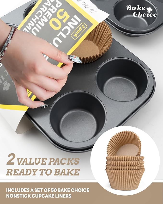 Bake Choice 2 Pack Jumbo Muffin Pan for Baking, Extra Large Cupcake Pan includes 50 Natural Jumbo Cupcake Liners, Muffin Tin Nonstick 6 Cup, Baking Pans Set, Carbon Steel Baking Supplies