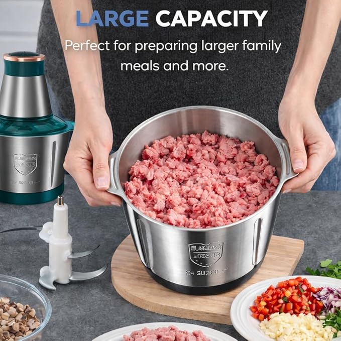 Food Processor,Electric Food Chopper,Fast Shredding for Meat, Vegetables, Fruits and Nuts,Electric Food Chopper with 4 Large Sharp Blades for Meat, Upgraded Button & Smart Overheat Protectio