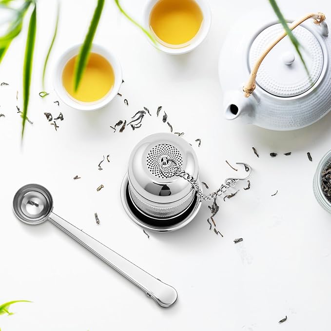 Umigy 4 Pcs Tea Infuser Strainers for Loose Tea with Scoop, Extra Fine Mesh Steeper 304 Stainless Steel Diffuser Leaf Holder with Extended Chain Hook for Brew, Spices, Seasoning (Stylish Style)