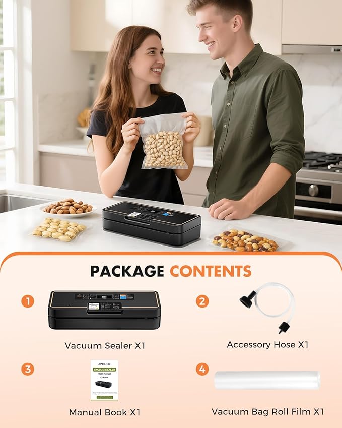 Vacuum Sealer for Food, 95kPa Food Saver Vacuum Sealer Machine, 135W Fast-Sealing with Easy Tear Cutter, Built-in Bag Storage