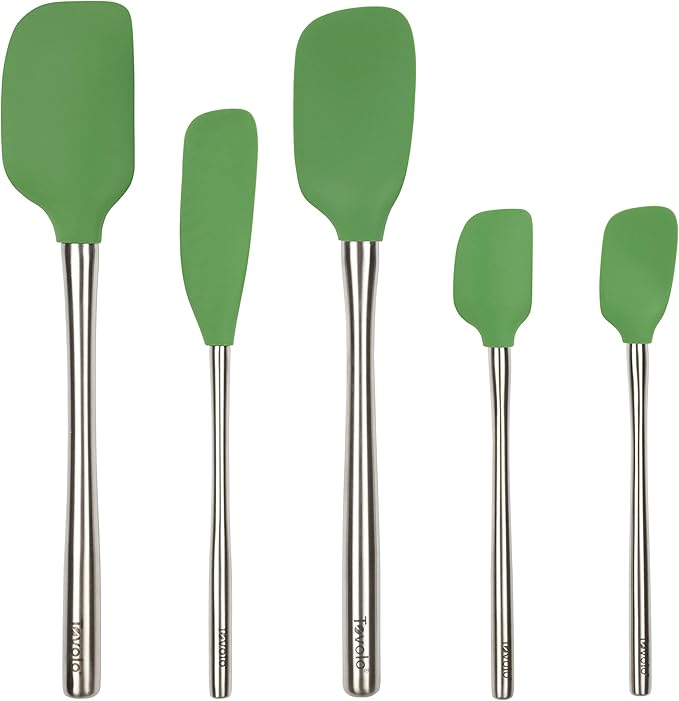 Tovolo Stainless Steel Handled Silicone Spatula Set of 5 Pesto Green, Dishwasher Safe Kitchen Spatula Set for Cooking Baking, Non Toxic BPA Free Silicone Spatula set with Metal Steel Handle