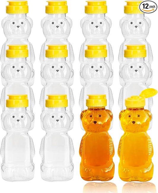 12 Pack Honey Bear Bottle 12 oz, Reusable Plastic Honey Bear Jars Bulk with Yellow Flip Top Lid for Storing and Dispensing(350ml /12oz)