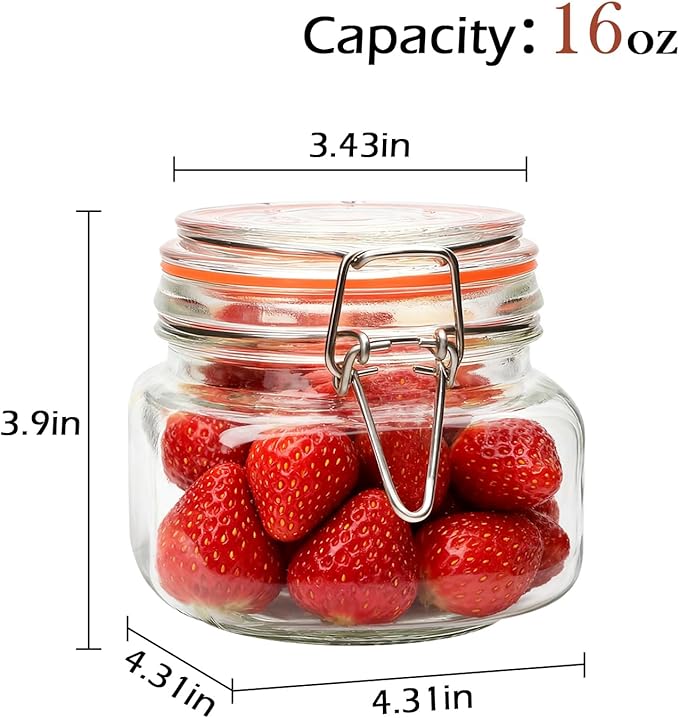 16 oz Glass Jars With Airtight Lids And Leak Proof Rubber Gasket,Wide Mouth Mason Jars With Hinged Lids For Kitchen,Glass Storage Containers 6 Pack