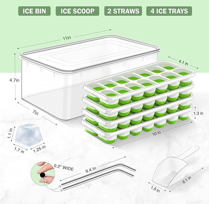Mini Ice Cube Tray Set & Silicone Ice Cube Tray Set - 8 Trays, 2 Bins, 2 Scoops, 2 Tongs & 4 Straws