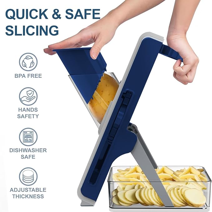 Mandoline Slicer Safe Multifunctional Dicer Adjustable Commercial Slicer Machine Stainless Steel Chopper (White Blue)