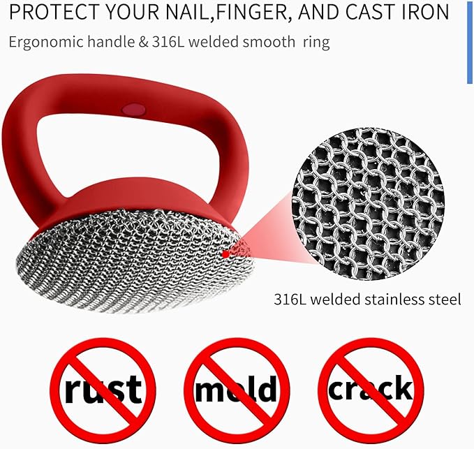 Cast Iron Cleaner Scrubber+Tray with Handle, Welded Chainmail Scrubber for Pan Pot Oven Wok Cleaning- Small Ring Chain Scrub Metal Brush Iron Skillet Steel Wool Scrubber Steel Sponge