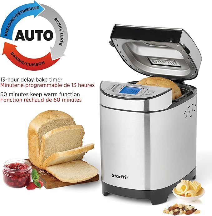 Starfrit Electric Bread Maker - 2lb Loafs - Non-Stick Removable Pan - Automatic Nut Dispenser - 13 Preset Programs - 550W