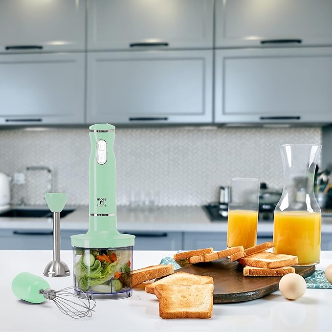Moss & Stone Hand Blender Electric With Egg Whisk & Chopper, Powerful 300 Watt Stick Blender, Hand Mixer Set Stainless Steel Shaft & Blades, Handheld Blender With Ergonomic Handle