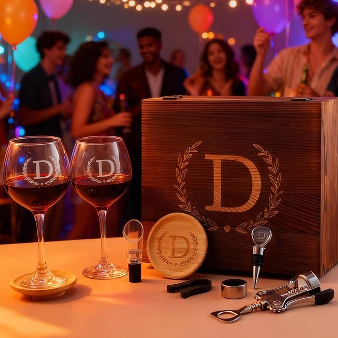 GZLDGIFTS Personalized Initial Wine Glasses Box Gift Set For Women Mom Engraved Birthday Monogrammed Wooden Christmas Gifts Wedding Anniversary Wine Couples Stopper Opener Initial Letterr (H Set)
