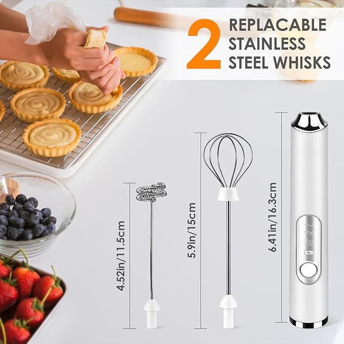 Milk Frother Handheld, Rechargeable Coffee Frother Wand with 2 Stainless Whisks 3 Speeds, Drink Mixer, Electric Foam Maker, Hand Mixer for Lattes, Cappuccino, Matcha, Egg, White