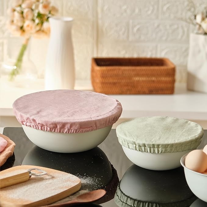 100% Pure Linen Bowl Covers For Bread Proofing, 4 Pcs Elastic Reusable Solid Color Cloth Fabric Bowl Covers,XL Organic Washable Large Stretch Sourdough Lids 6 * 8 * 10 * 12 Inches, Pink