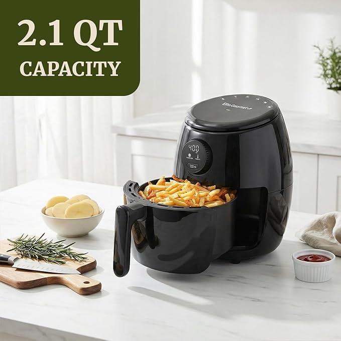 Elite Gourmet EAF2612D Personal 2.1Qt Compact Space Saving Programmable Hot Air Fryer, Oil-Less Healthy Cooker, Timer & Temperature Controls, 1000W, Black