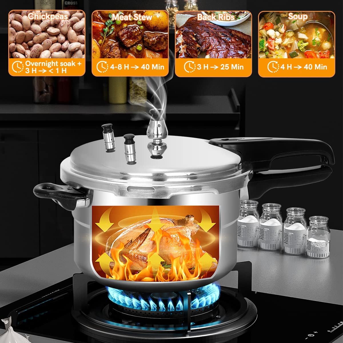 BreeRainz 5.3 Quart Pressure Cooker, 10 PSI Induction Compatible Pressure Canner w/Honeycomb Stainless Steel Clad Base for Fast & Even Heating, Canning Rack Included