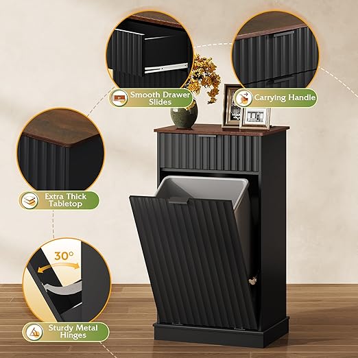 WLIVE 10 Gallon Tilt Out Trash Can Cabinet, Hidden Garbage Can Cabinet with Power Outlets, Storage Drawer, Food/Clothes Storage Pet Proof Kitchen Trash bin for Home, Launday (Black)