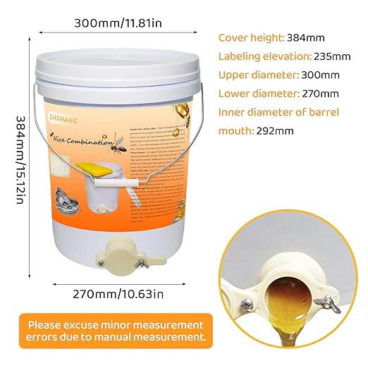 Honey Bucket 5 Gallon Beekeeping Supplies-Honey Gate & Stainless Steel Double Sieve Honey Strainer Honey Filter Bag Uncapping Tank Holder Honey Harvesting Equipment Beekeeping Kit (5 PCS/Set)