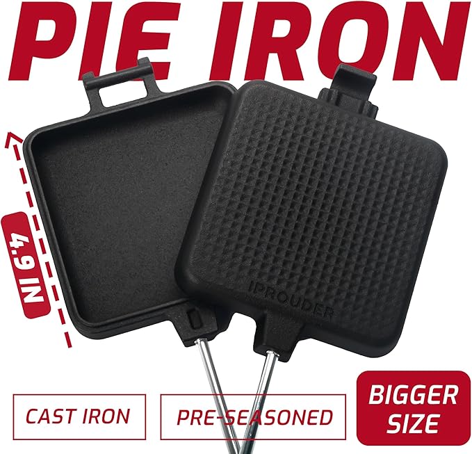 Campfire Pie Iron 4.9" Large Cast Iron Sandwich Maker for Camping 2 Pcs with Storage Bag - 21.7 inch Adjustable Handles - Campfire Cooking Equipment for Grilling & Outdoor Cooking