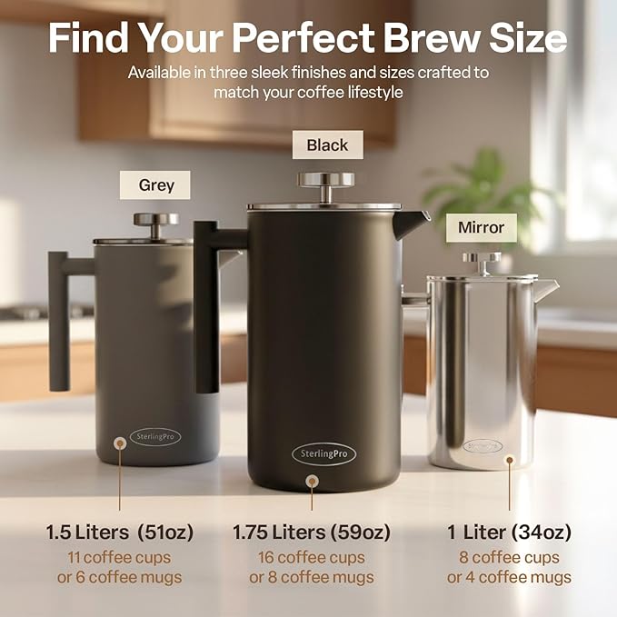 SterlingPro Stainless Steel French Press Coffee Maker 1.5 L (51 oz) Mirror – Double Walled Insulated Large Coffee Press, Durable Design Keeps Drinks Hot, Easy to Use and Clean for Rich Flavor Brewing