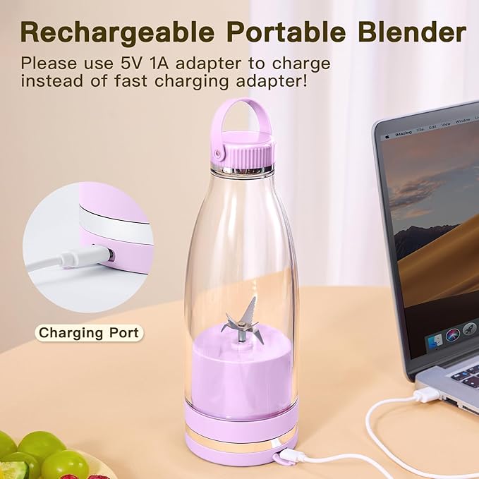 Smoothie Blender Personal Size Juicer 17oz Big Capacity USB-C Rechargeable (Lilac)