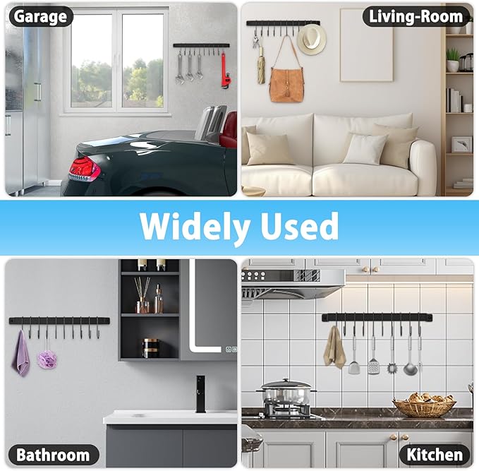 Kitchen Hanger Wall Mounted with 10 Hooks, Wrought Iron Kitchen Rail Utensil Holder Rack, Hanging Pots, Pans, Coffee Mug, Black, 17", 1 Pcs