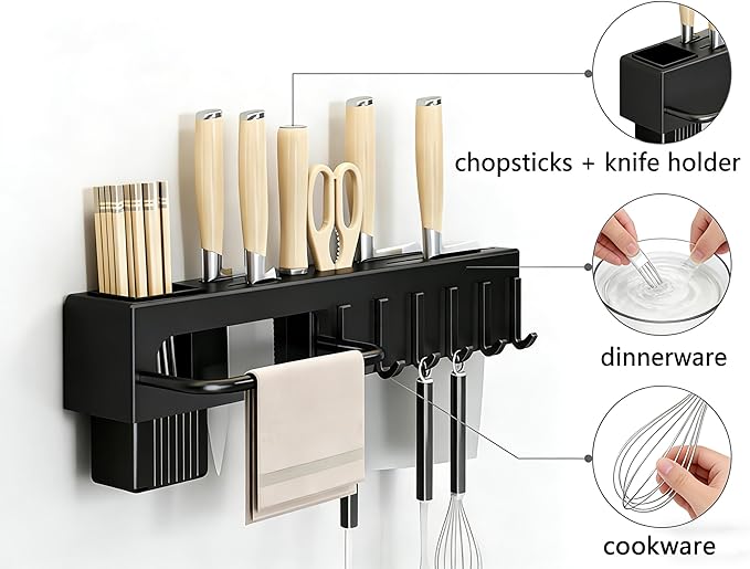 SEIDO Carbon Steel Utensil Rack – Space-Saving 24" L Kitchen Organizer with hooks & hanging bar, Matte Black Knife Holder, 2 Installation Options (Adhesive/Screwed)