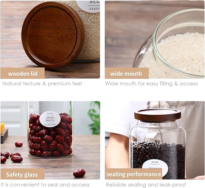 2-pack 3/4 gallon glass storage container with Acacia Wood Lids and glass spoon, Sealable Waterproof, Large Tall Glass Jar,Glass food storage Jars Set for Coffee bean, Nut, Candy, Cereal, Flour，sugar