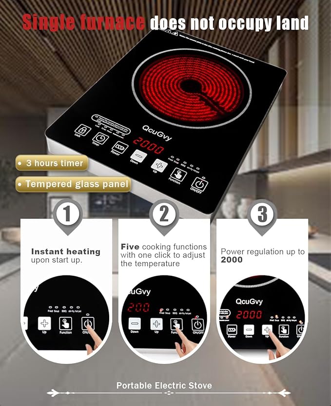 Portable Infrared Burner 2000W Electric Burner with 3 Hours Timer-Electric Hot Plate Touch Control Panel Adjustable Heating Power Glass Plate Electric Cooktop for Cooking (Black 2)