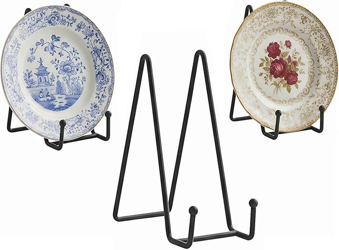 Plate Stands Holder - 3 Pack, Picture Frame Display for Bookcase, Photo on Table Top (Black, 8")