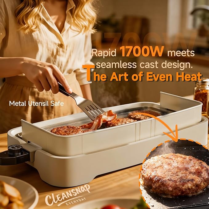 Cleansnap Everyday Electric Griddle, Great Gift for Family Feasts - 20” Nonstick Grill with Foldable Anti-Mess Shield, Rapid 1700W Hea & PPG Ceramic Coating, Dishwasher Safe, Vanilla Cream