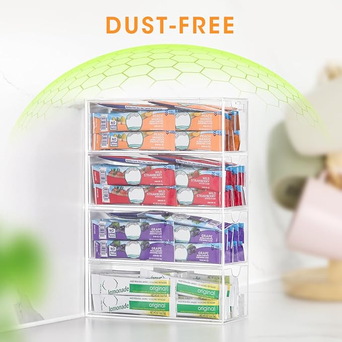 AIEVE Drink Packet Organizer, Drink Mix Holder with 4 Clear Drawers, Acrylic Water Flavor Packets Container, Kitchen Storage Organizers for Pantry Home Organization
